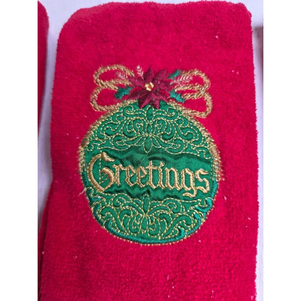 Vintage Christmas Fingertip Towels Red Cotton Embroidered Wreath Tree Set of 3